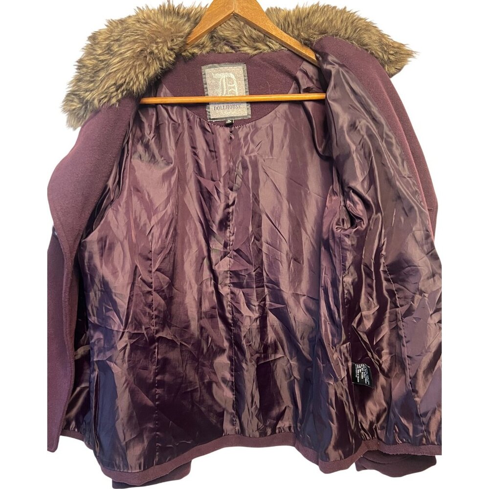 Dollhouse Women's Burgundy Peacoat Jacket Faux Fur Collar XL Double Breasted - Picture 3 of 16